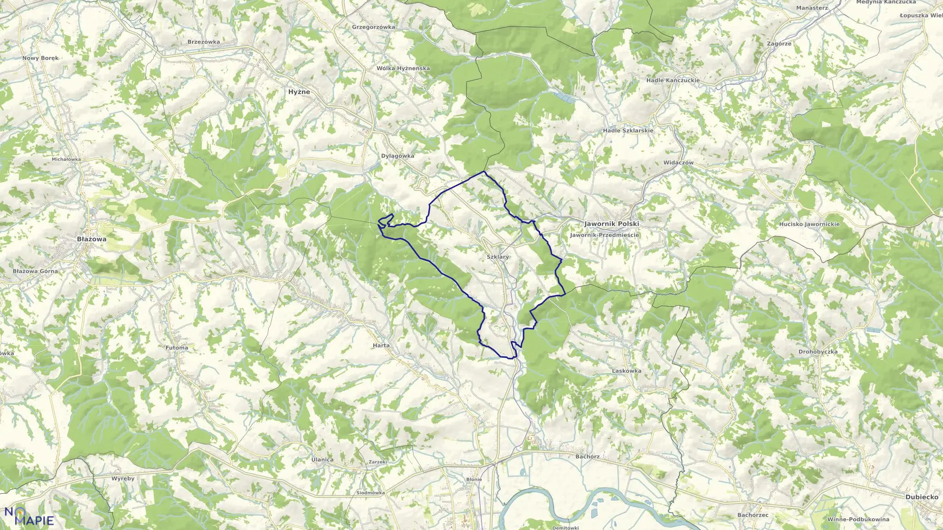 Mapa obrębu Szklary w gminie Hyżne